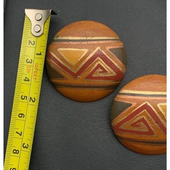 Vintage Hand Painted Large Wooden Pierced Earrings Boho Tribal - Picture 4 of 4